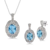 Jilco Inc. Oval Blue Topaz & Diamond Earring & Necklace Set