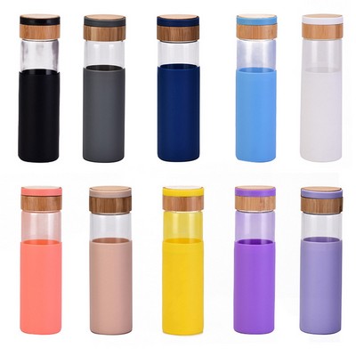 520ml Glass Water Bottle Portable Handle Bamboo Cover