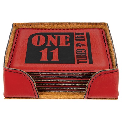 4" x 4" Red Square Leatherette 6-Coaster Set with Holder