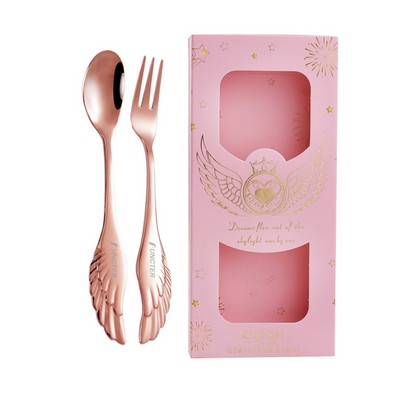 Set of 2 Rose Gold Angel Wing Spoon Fork Flatware Set Tableware Pink Gift Box