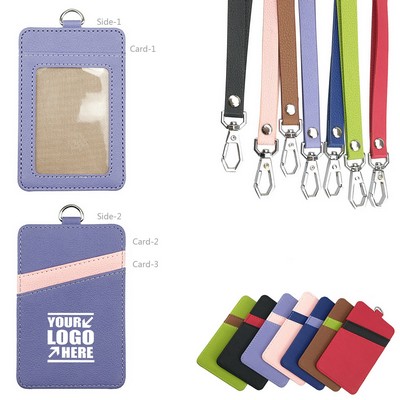 3 Pockets PU Leather Lanyard Card Holder w/Dual Color Back