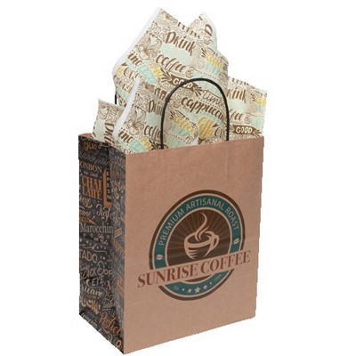 10.25" Natural Brown Red & Green Handle Shopper with Tissue Paper Bundle