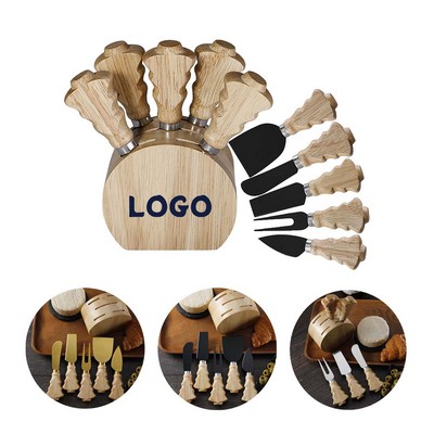 Christmas Tree Handle Cheese Knife Rubberwood Storage Base Set