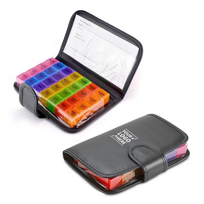 7 Day 28 Compartment Pill Box with Leather Case