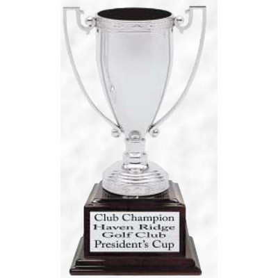 6.75" Silver Loving Trophy Cup w/ Mahogany Piano Finish Wood Base