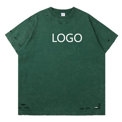 Heavyweight 300GSM Distressed Vintage Wash Cotton T-Shirt - Ripped Streetwear Style
