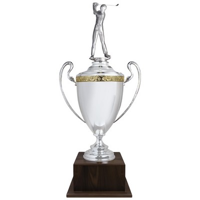 40" Hand Crafted Silver Plated Italian Trophy Cup with Male Golf Figure on Walnut Base
