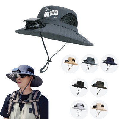 Solar Fan Cooling Hat Outdoor Wide Brim Bucket Hat With Single Solar Fan