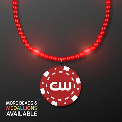 Red LED Bead Necklace with Red Poker Chip Medallion - PRINTED