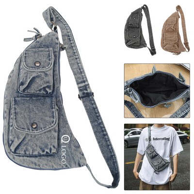 7.9 X 14.6" Denim Expandable Chest Shoulder Bag