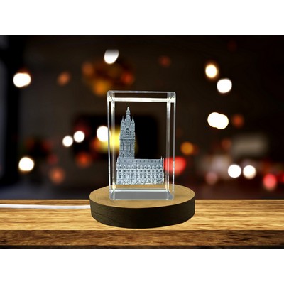 Ghent Belfry 3D Engraved Crystal Trophy Award - Stunning Architectural Keepsake w/LED Base