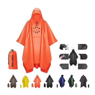 Ripstop Polyester Hooded Poncho With Rope Adjuster And Grommet Corners