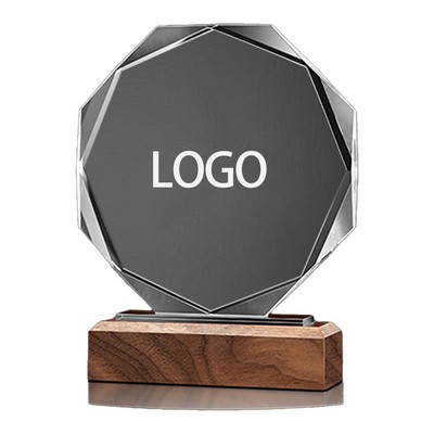 Round Multi-Faceted Crystal Trophy With Wooden Base