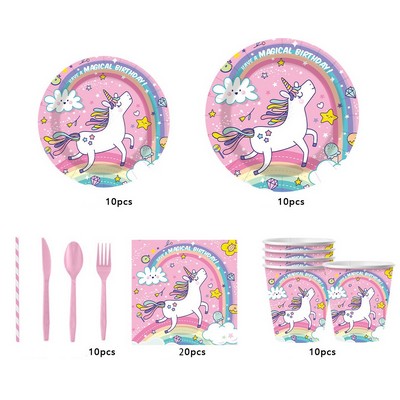 Rainbow Pony Themed Kids Birthday Party Supplies Disposable Paper Plates Cups Napkins