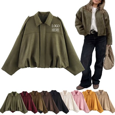 Casual Lapel Pilot Cropped Coat Faux Suede Bomber Jacket