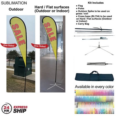 24Hr Express- 13.5' Large Tear Drop Flag Kit, Full Color Graphics One Side, Outdoor & Indoor bases