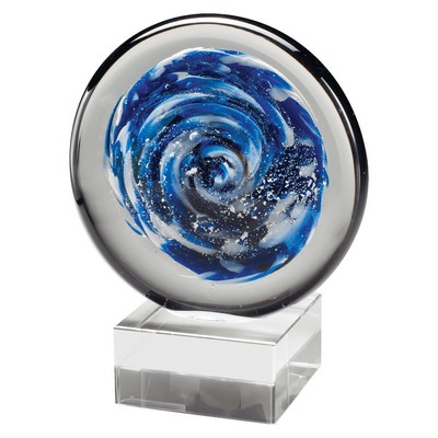 Blue and White Disc Art Glass on Base - AGAR103