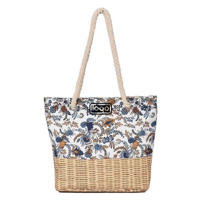 Bamboo Woven Canvas Printed Beach Bag