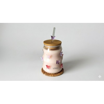 3D Crystal Butterfly High-Borosilicate Glass Tumbler Aesthetic Bamboo Lid Straw Cup