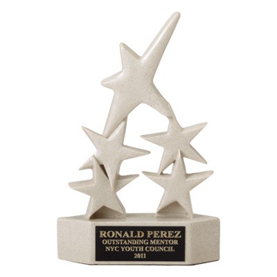 8 3/8" Cast Stone Beige 5-Star Trophy w/Engraving Plate
