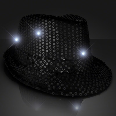Printed Sequin Black Fedora Hats with Flashing LEDs - BLANK