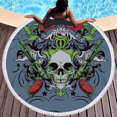 60" Round Skull Microfiber Beach & Picnic Towel for Halloween with Tassel Fringe
