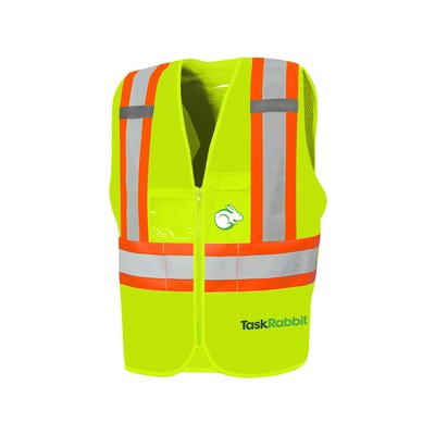 Lime Green Solid Front/Mesh Back Traffic Vest w/Zipper, 4" Tape, & 8 Pockets