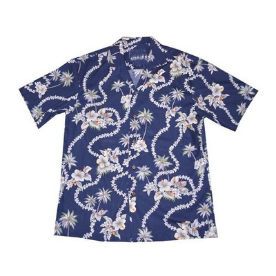 Navy Blue Hawaiian Short Sleeve 100% Cotton Camp Shirt