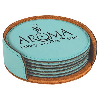 4" Teal Round Leatherette 6-Coaster Set