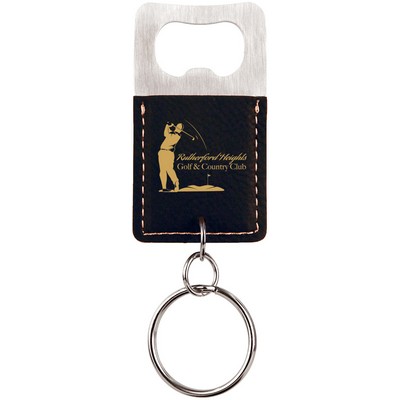 Rectangle Black/Gold Leatherette Bottle Opener Keychain