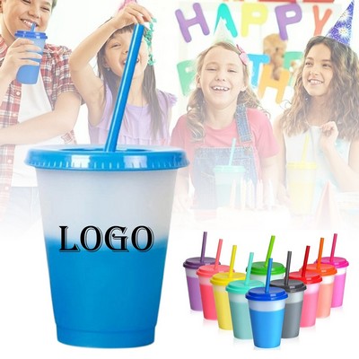 16oz Reusable Plastic Color Changing Cups With Lid And Straw
