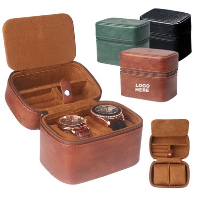Luxury Vintage Leather Zipper Watch Case with Cushions