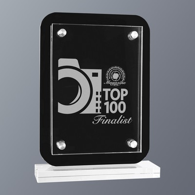 Black Floating Glass Standup Rectangle Plaque on Clear Base, Medium (6-1/2"x8-3/4"H)