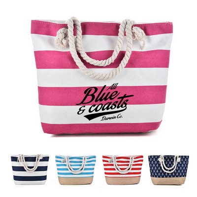 Striped Canvas Tote Bag with Thick Rope Handle