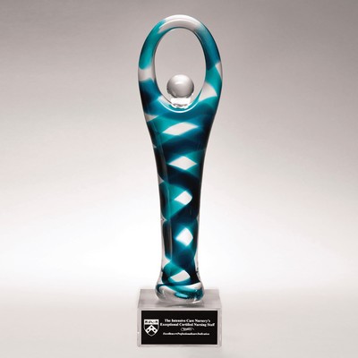 Teal/Green/Black Victory Art Glass on Clear Base, 12-1/4"H