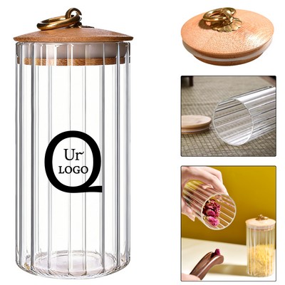 Vertical-Striped Glass Jar W/ Bamboo Lid And Copper Ring