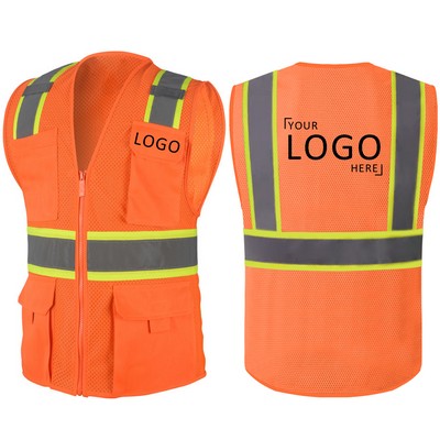 Class 2 High Visibility Two-Tone Mesh Safety Vest with Zipper and Pockets