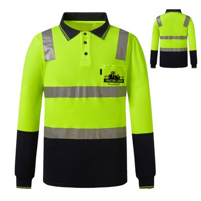 Reflective Safety Long Sleeve Polo Shirt With Pocket