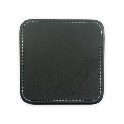 Black Leatherette Square Coaster w/ White Stitching