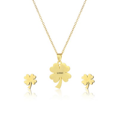Gold Titanium Steel Four Leaf Clover Necklace and Earrings Set