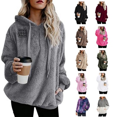 Women's Fuzzy Sport Athletic Cozy Pullover Hoody with Oversized Pocket