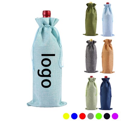 Printed Linen Drawstring Wine Bag Set For Events And Gifts