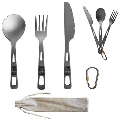 Ultra-light Titanium Spoon Fork Knife Camping Travel Dishware Utensils Set with Carabiner