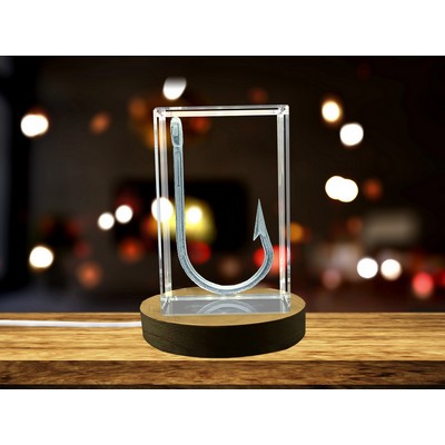 Fishing Hook 3D Engraved Crystal w/LED Base Light - Gift for Anglers