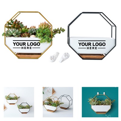 Geometric Wall-Mounted Ceramic Planter with Metal Frame