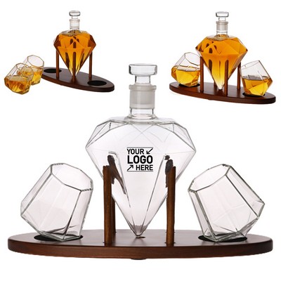 Diamond Cut Glass Whiskey Decanter Set with Stand