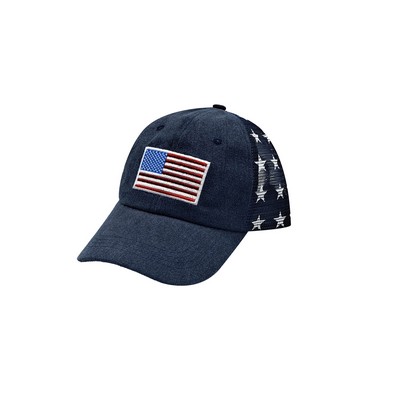 Heya Custom Made American Flag Patriotic Mesh Back Trucker Hat - Vintage Washed Denim Style
