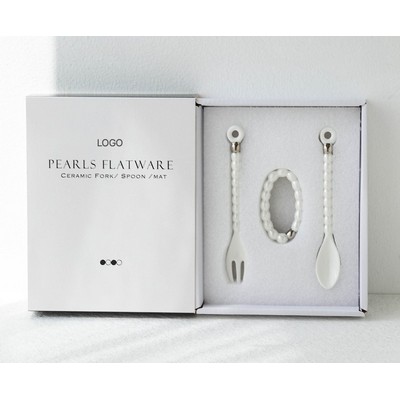 Pearl Inlay Ceramic Fork and Spoon Gift Set Elegant Cake Fork & Coffee Stirring Spoon Kit