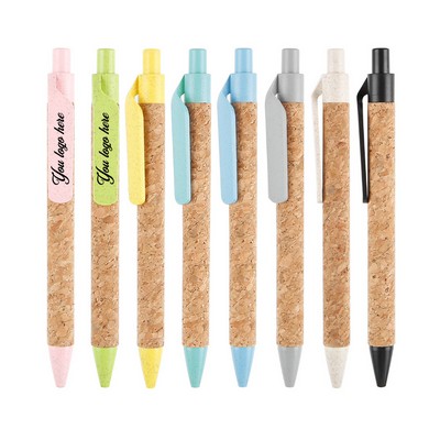 Large Clip Cork Barrel Retractable Pen w/ Wheat Straw Accent