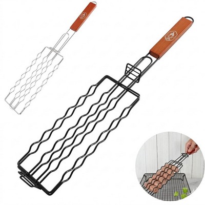 Non-Stick Hot Dog and Sausage Grilling Basket with Oak Handle